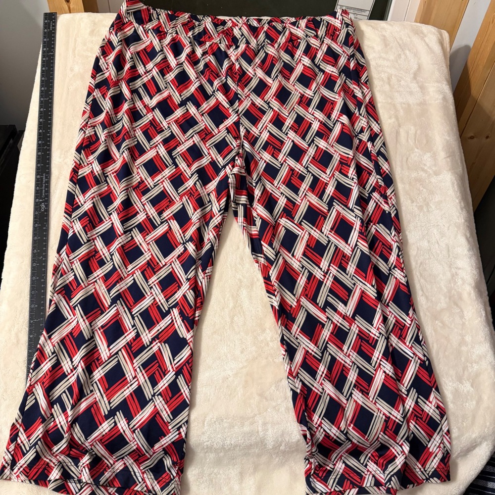 Kim Rogers Curvy Plus Size 3X Wide Leg Pants Navy Red White Geometric Print
